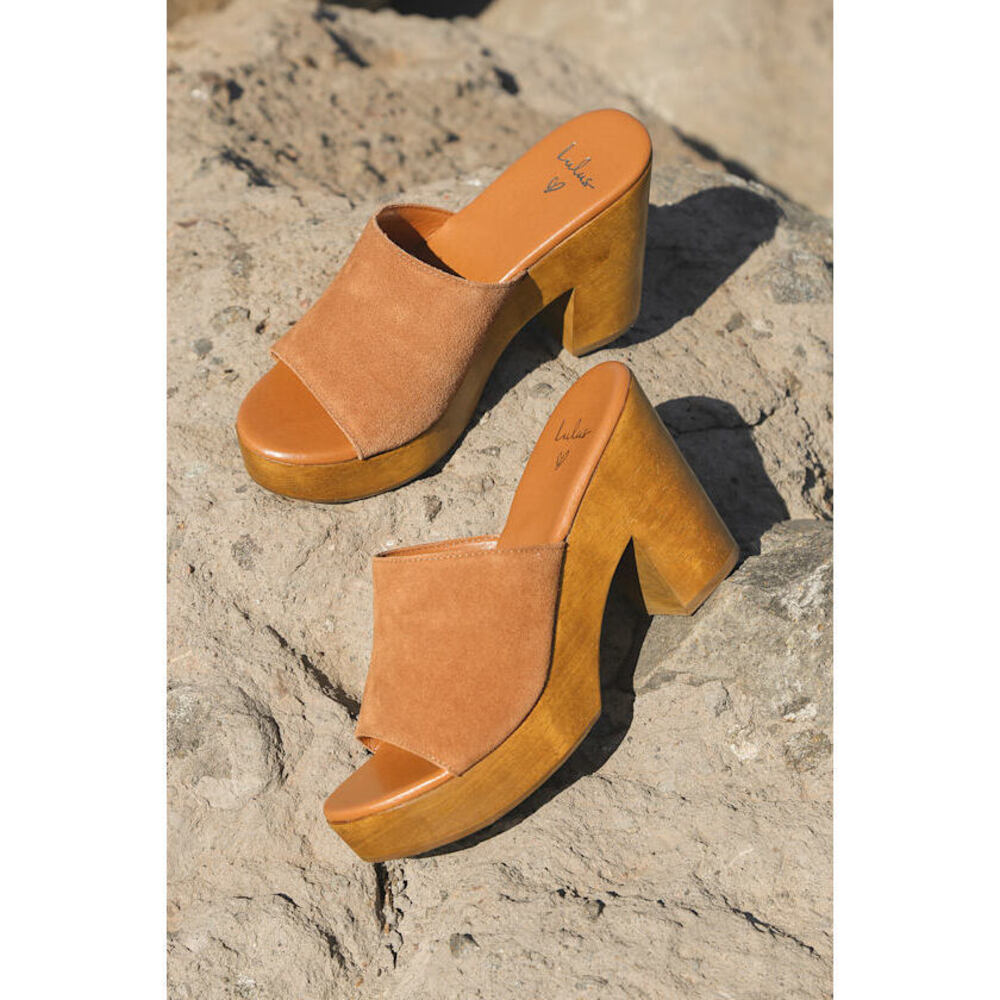 Lulus Nellie Cognac Suede Leather Platform Sandals Brown - Size 8.5